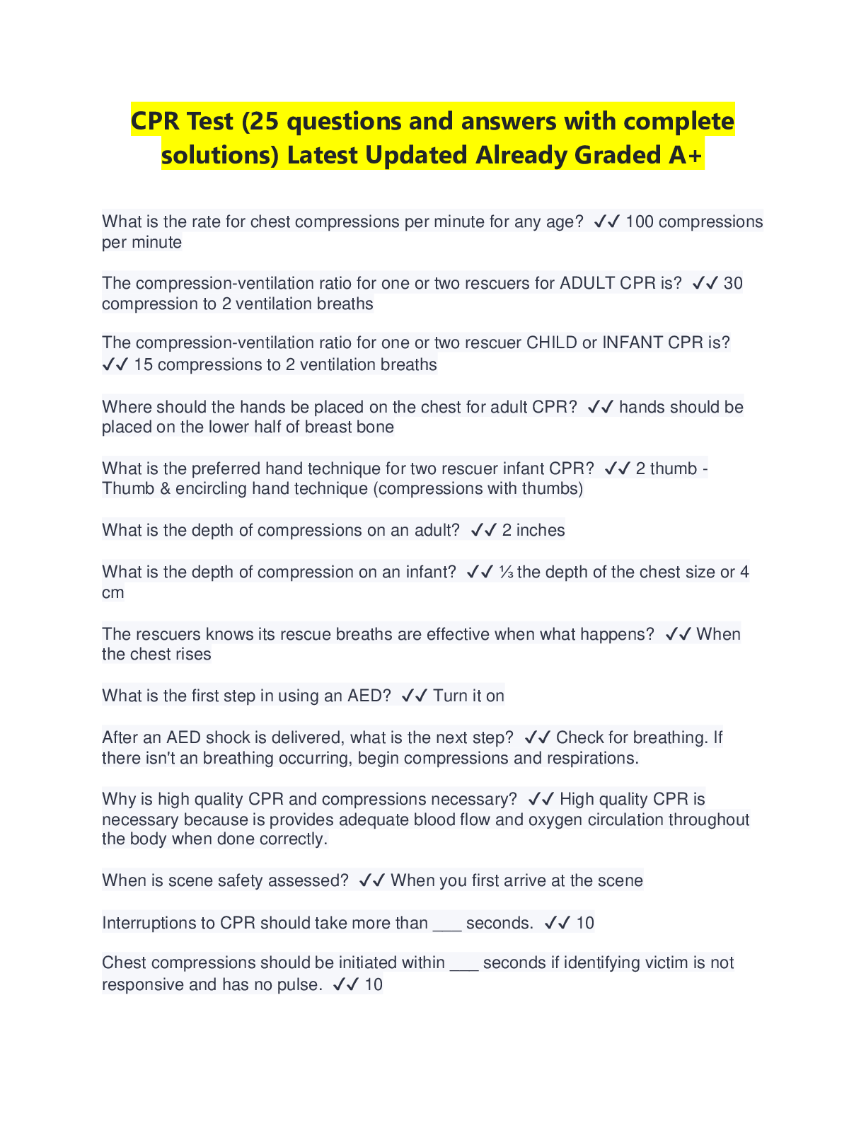 Preview image for CPR Test (25 questions and answers with complete solutions) Latest Updated Already Graded A+